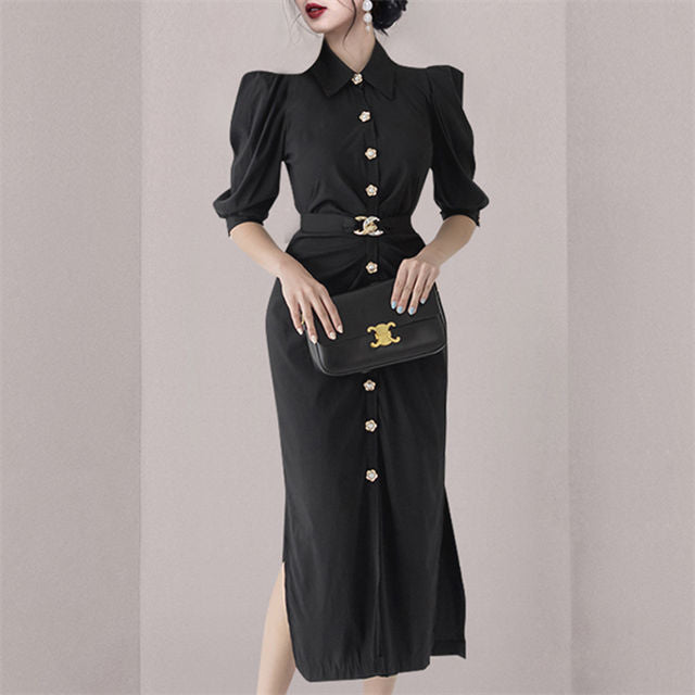 CM-DF080905 Women Elegant European Style Single-Breasted Belt Waist Slim Mid-Sleeve Dress
