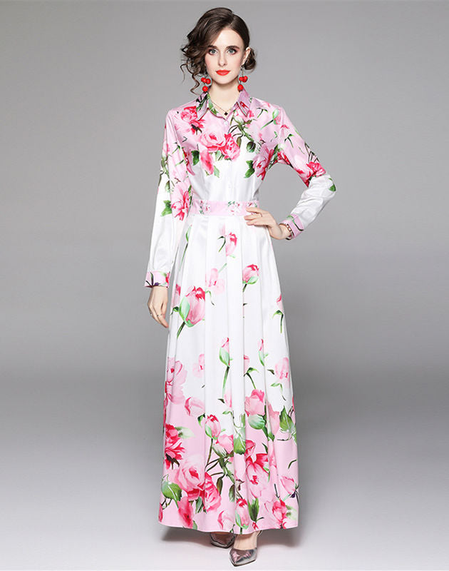 CM-DF080910 Women Charming European Style High Waist Floral Shirt Maxi Dress