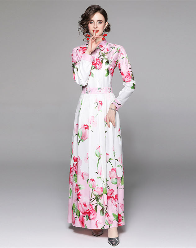 CM-DF080910 Women Charming European Style High Waist Floral Shirt Maxi Dress