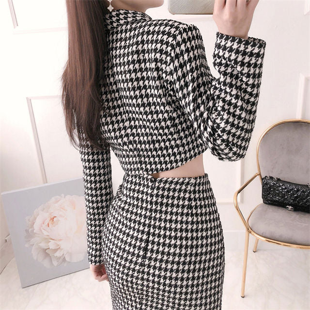 CM-SF081212 Women Casual Seoul Style Tailored Collar Houndstooth Slim Dress Set