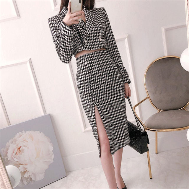 CM-SF081212 Women Casual Seoul Style Tailored Collar Houndstooth Slim Dress Set