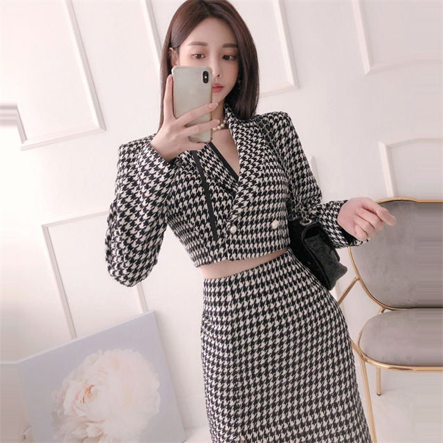 CM-SF081212 Women Casual Seoul Style Tailored Collar Houndstooth Slim Dress Set