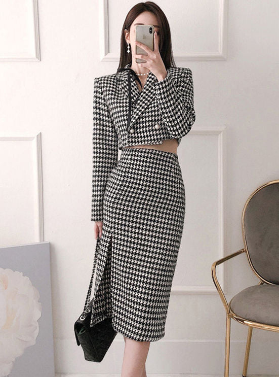 CM-SF081212 Women Casual Seoul Style Tailored Collar Houndstooth Slim Dress Set