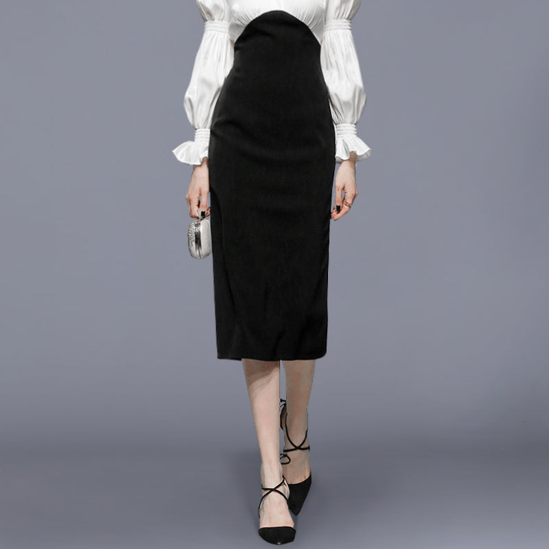 CM-DF081214 Women Elegant European Style Doll Collar Splicing Puff Sleeve Slim Dress