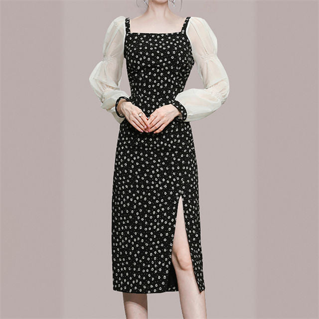 CM-DF081216 Women Casual European Style Square Collar Floral Puff Sleeve Dress