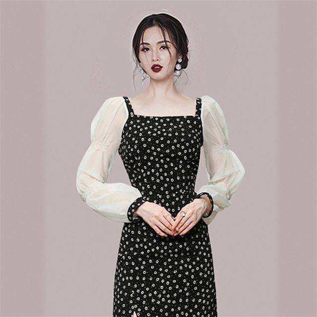 CM-DF081216 Women Casual European Style Square Collar Floral Puff Sleeve Dress