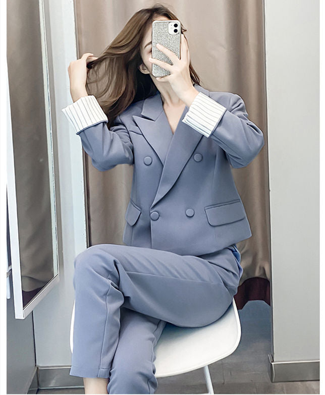 CM-SF081422 Women Elegant Seoul Style Tailored Collar Double-Breasted Long Suits