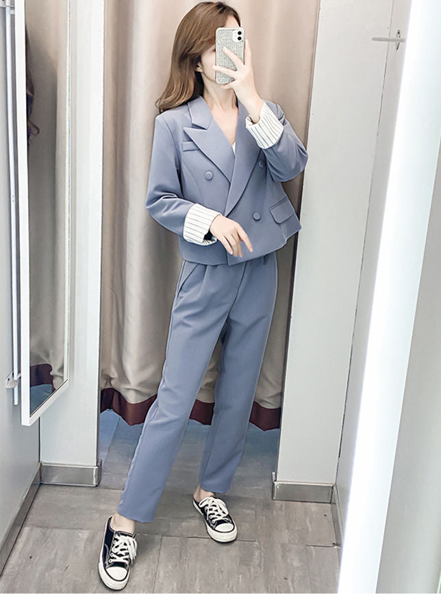 CM-SF081422 Women Elegant Seoul Style Tailored Collar Double-Breasted Long Suits