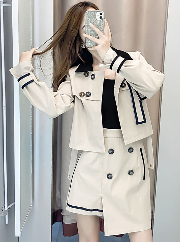 CM-SF081423 Women Casual Seoul Style Block Short Jacket With Double-Breasted Skirt - Set