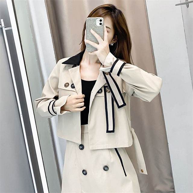 CM-SF081423 Women Casual Seoul Style Block Short Jacket With Double-Breasted Skirt - Set