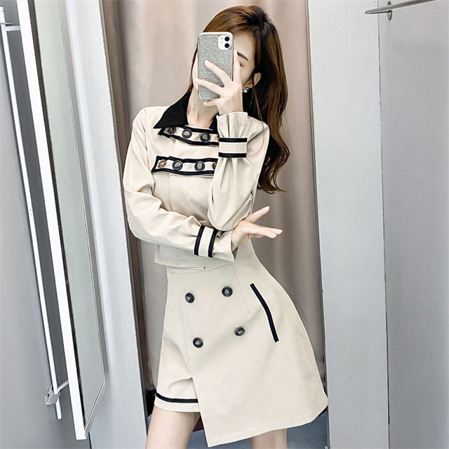 CM-SF081423 Women Casual Seoul Style Block Short Jacket With Double-Breasted Skirt - Set