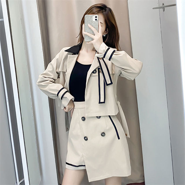 CM-SF081423 Women Casual Seoul Style Block Short Jacket With Double-Breasted Skirt - Set