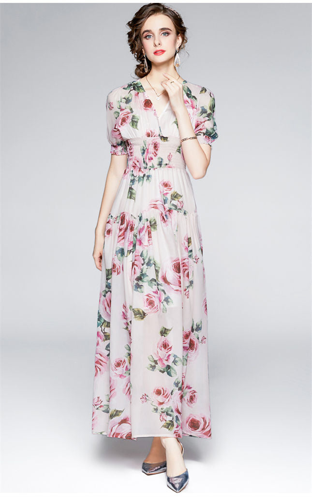CM-DF081505 Women Elegant European Style Elastic Waist V-Neck Floral Maxi Dress