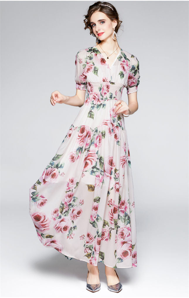 CM-DF081505 Women Elegant European Style Elastic Waist V-Neck Floral Maxi Dress