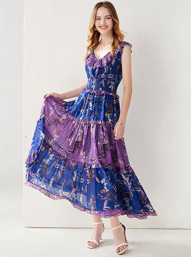 CM-DF081516 Women Charming European Style Flouncing Collar Elastic Waist Floral Dress