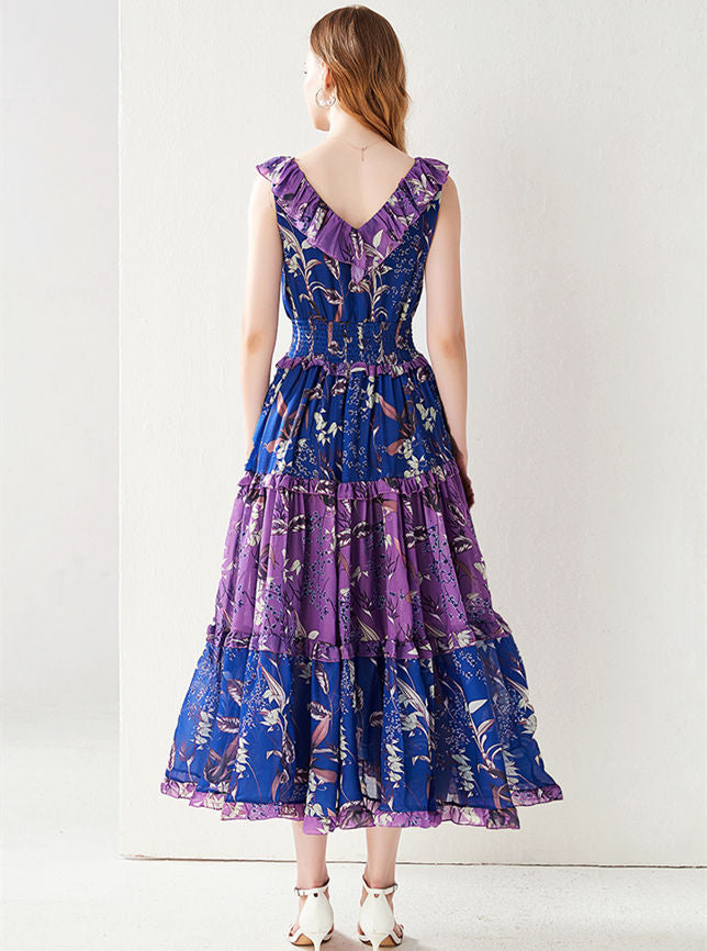 CM-DF081516 Women Charming European Style Flouncing Collar Elastic Waist Floral Dress