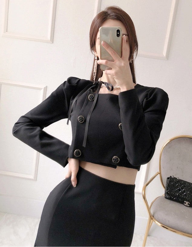 CM-SF081807 Women Casual Seoul Style Double-Breasted Square Collar Fishtail Dress Set (Available in 2 colors)