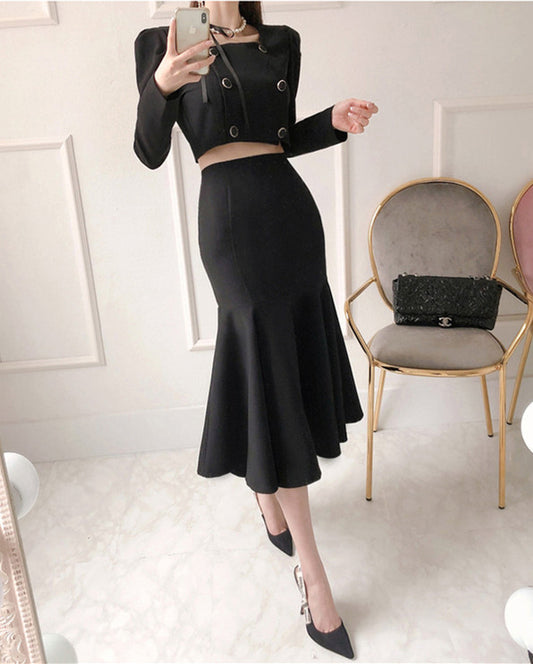 CM-SF081807 Women Casual Seoul Style Double-Breasted Square Collar Fishtail Dress Set (Available in 2 colors)