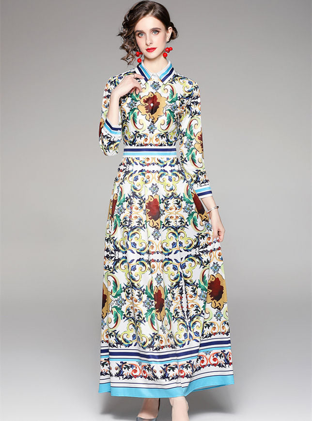 CM-DF081903 Women Charming European Style High Waist Floral Shirt Maxi Dress