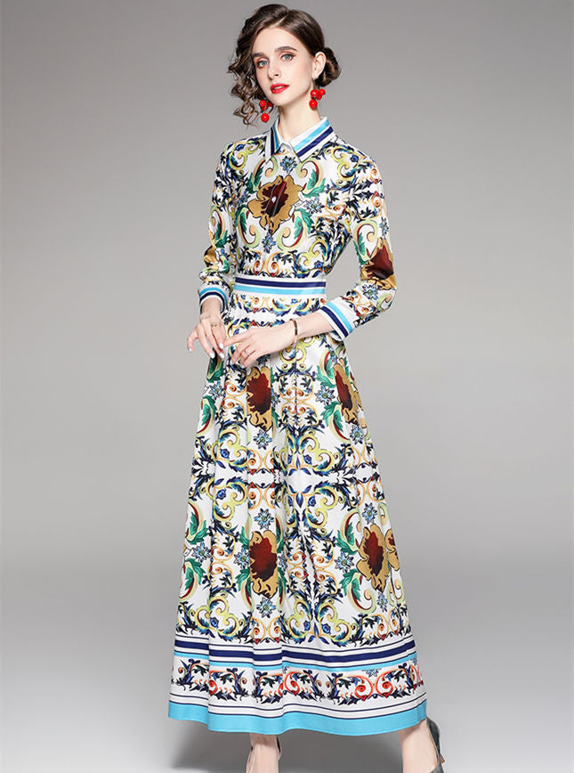 CM-DF081903 Women Charming European Style High Waist Floral Shirt Maxi Dress