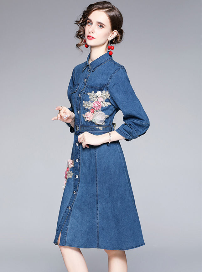 CM-DF081906 Women Retro European Style Single-Breasted Floral Embroidery Denim Shirt Dress