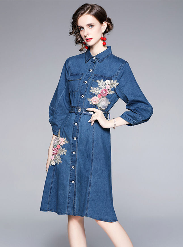 CM-DF081906 Women Retro European Style Single-Breasted Floral Embroidery Denim Shirt Dress