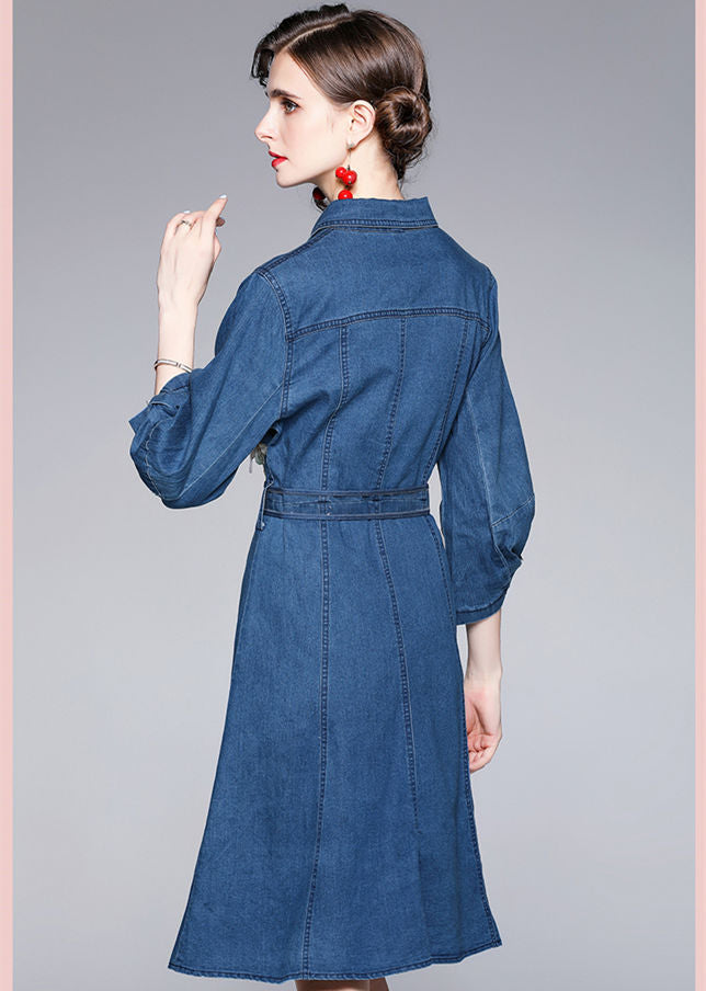 CM-DF081906 Women Retro European Style Single-Breasted Floral Embroidery Denim Shirt Dress