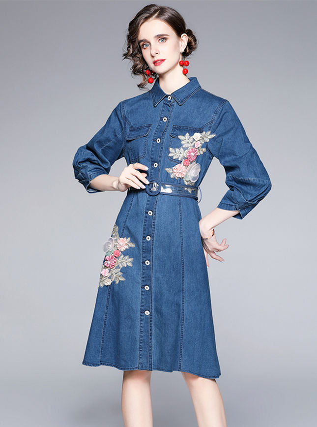 CM-DF081906 Women Retro European Style Single-Breasted Floral Embroidery Denim Shirt Dress