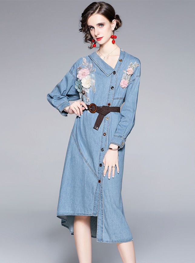 CM-DF081907 Women European Style Single-Breasted V-Neck Embroidery Denim Dress