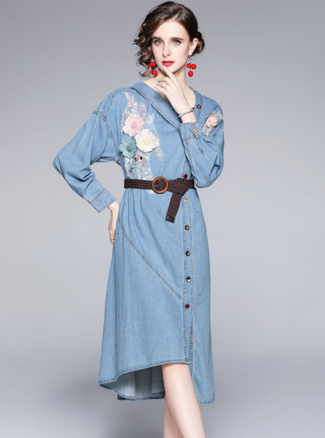 CM-DF081907 Women European Style Single-Breasted V-Neck Embroidery Denim Dress