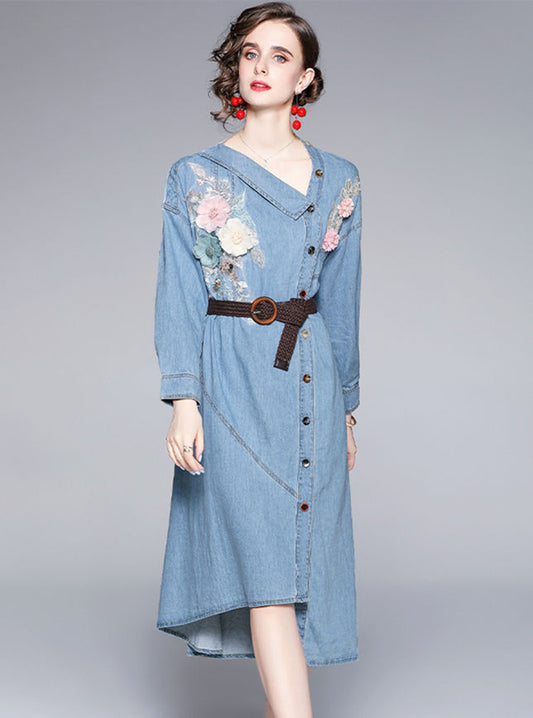 CM-DF081907 Women European Style Single-Breasted V-Neck Embroidery Denim Dress