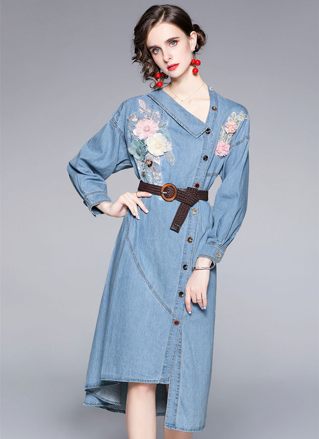 CM-DF081907 Women European Style Single-Breasted V-Neck Embroidery Denim Dress