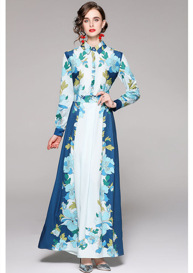CM-DF081909 Women Charming European Style Shirt Collar High Waist Floral Maxi Dress