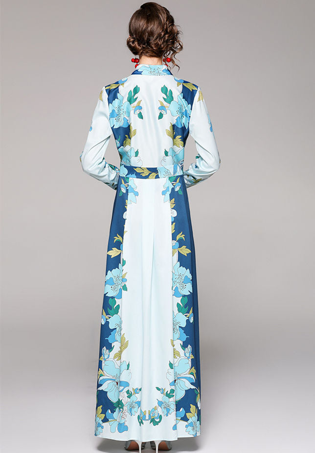 CM-DF081909 Women Charming European Style Shirt Collar High Waist Floral Maxi Dress