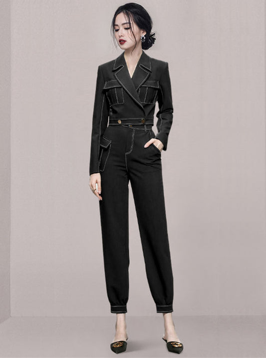 CM-SF082301 Women Elegant Seoul Style Tailored Collar High Waist Slim Long Suits