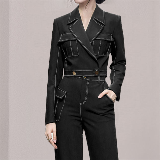 CM-SF082301 Women Elegant Seoul Style Tailored Collar High Waist Slim Long Suits