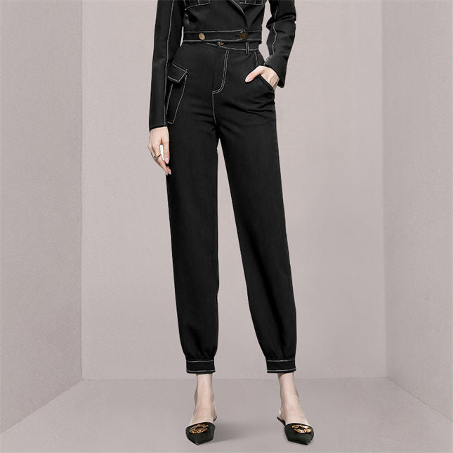 CM-SF082301 Women Elegant Seoul Style Tailored Collar High Waist Slim Long Suits