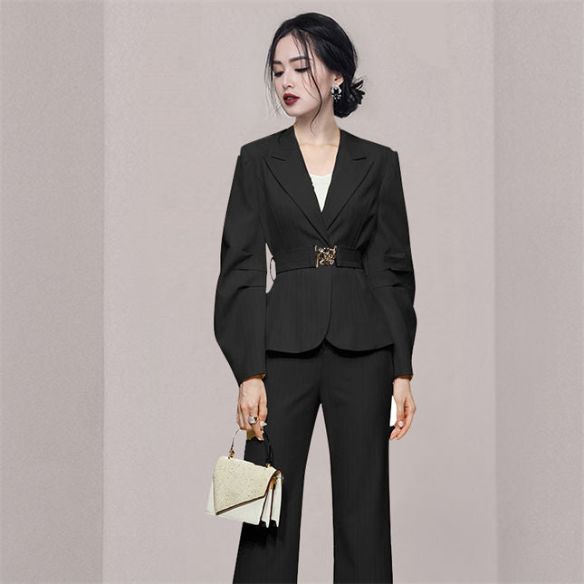 CM-SF082302 Women Elegant Seoul Style Tailored Collar Belt Waist Puff Sleeve Long Suits
