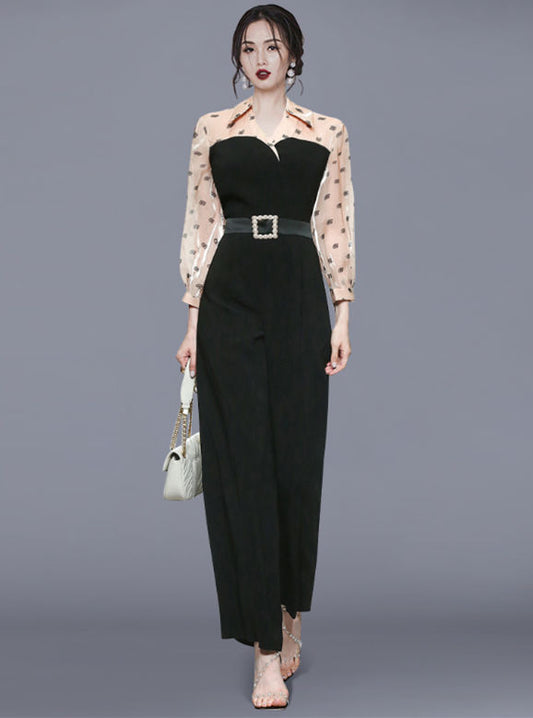 CM-JF082306 Women Elegant European Style Shirt Collar High Waist Puff Sleeve Long Jumpsuit