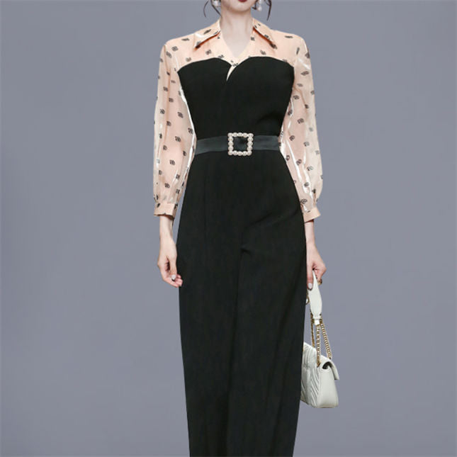 CM-JF082306 Women Elegant European Style Shirt Collar High Waist Puff Sleeve Long Jumpsuit