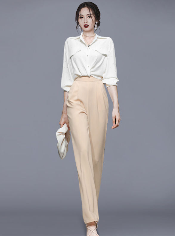 CM-SF082307 Women Casual Seoul Style Puff Sleeve Blouse with High Waist Long Pants - Set