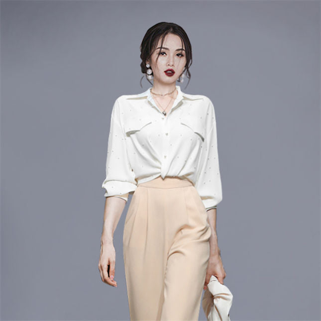 CM-SF082307 Women Casual Seoul Style Puff Sleeve Blouse with High Waist Long Pants - Set