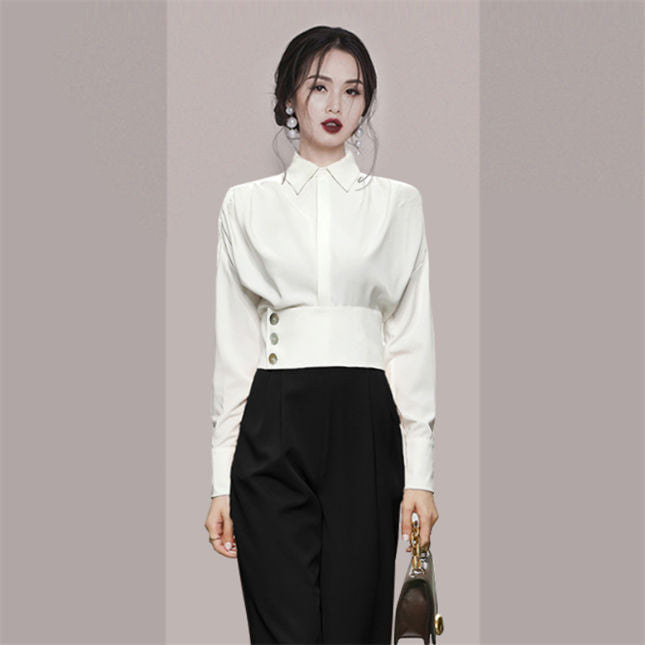 CM-SF082317 Women Casual Seoul Style Fitted Waist Blouse With Slim Long Pants - Set