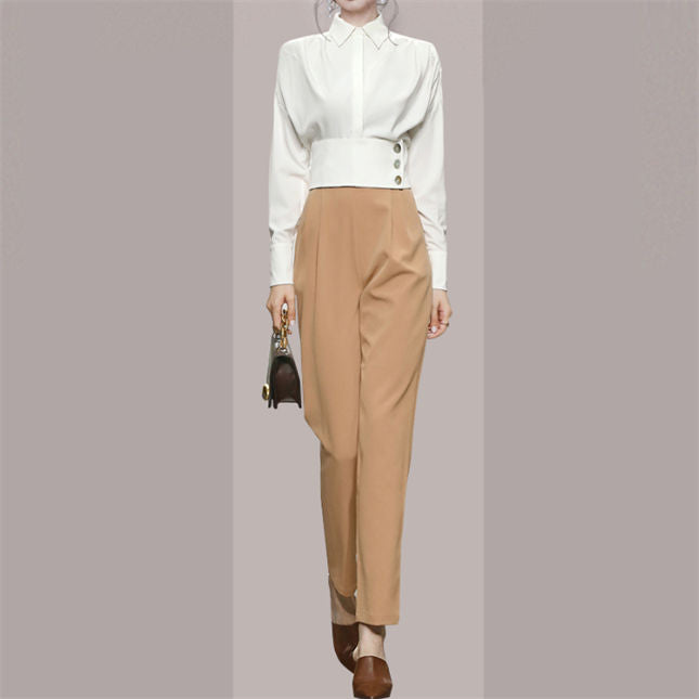 CM-SF082317 Women Casual Seoul Style Fitted Waist Blouse With Slim Long Pants - Set