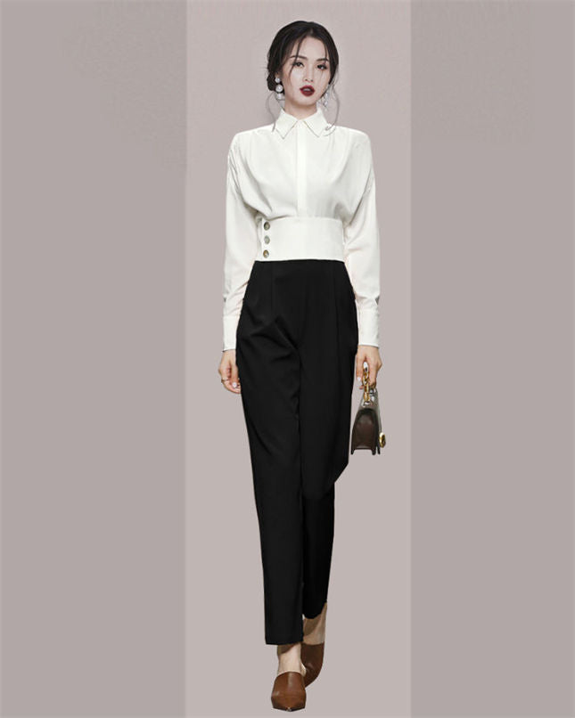 CM-SF082317 Women Casual Seoul Style Fitted Waist Blouse With Slim Long Pants - Set