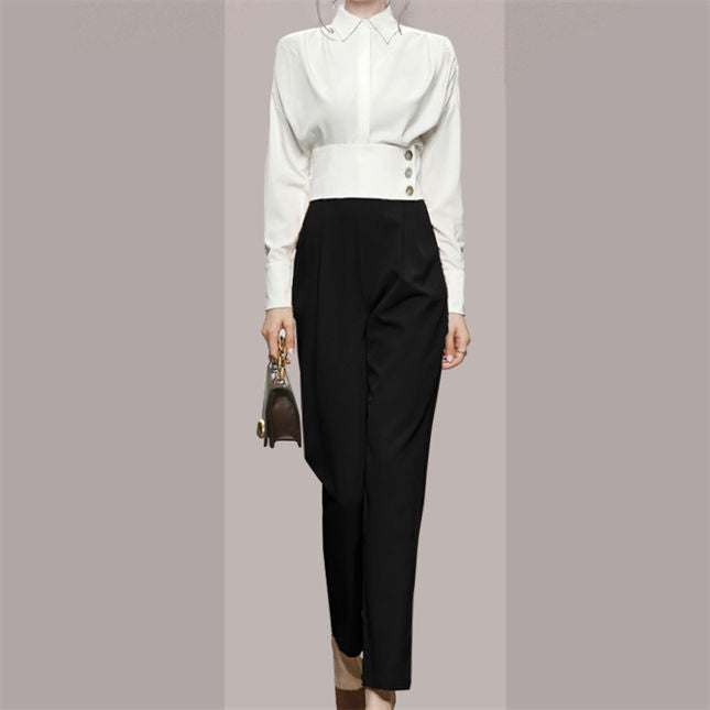 CM-SF082317 Women Casual Seoul Style Fitted Waist Blouse With Slim Long Pants - Set