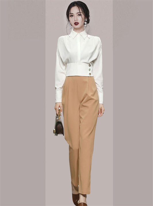 CM-SF082317 Women Casual Seoul Style Fitted Waist Blouse With Slim Long Pants - Set