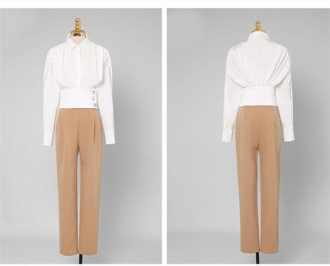 CM-SF082317 Women Casual Seoul Style Fitted Waist Blouse With Slim Long Pants - Set