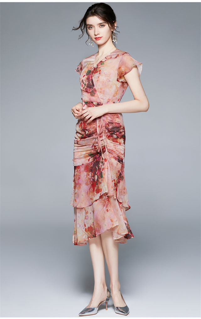 CM-DF082402 Women Retro European Style  Drawstring Pleated Fishtail Bodycon Dress