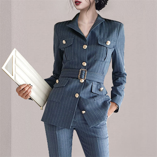 CM-SF082501 Women Elegant Seoul Style Single-Breasted Belt Waist Stripes Long Suits